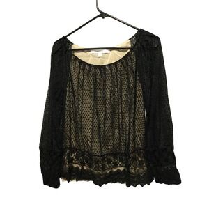 Studio M Black Lace Long Sleeve Blouse Sheer Ethereal Romantic Elegant size M